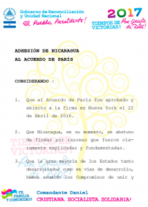 Documento divulgado por el gobierno de Nicaragua en el que declara su adhesión al Acuerdo de París.
