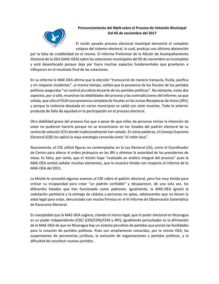 Comunicado Movimiento por Nicaragua (MpN)