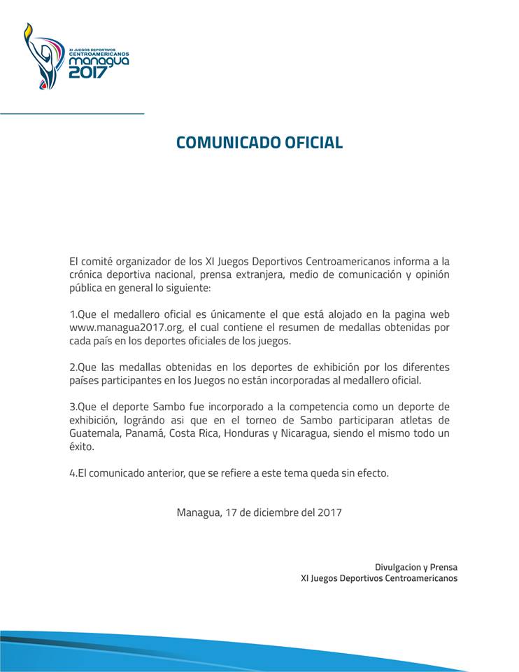 Comunicado oficial del Comité Organizador de Managua 2017 en el que echan pie atrás en la decisión que despertó el repudio en Centroamérica.