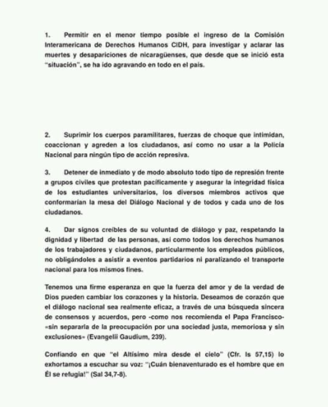 Carta enviada por la Conferencia Episcopal a Daniel Ortega