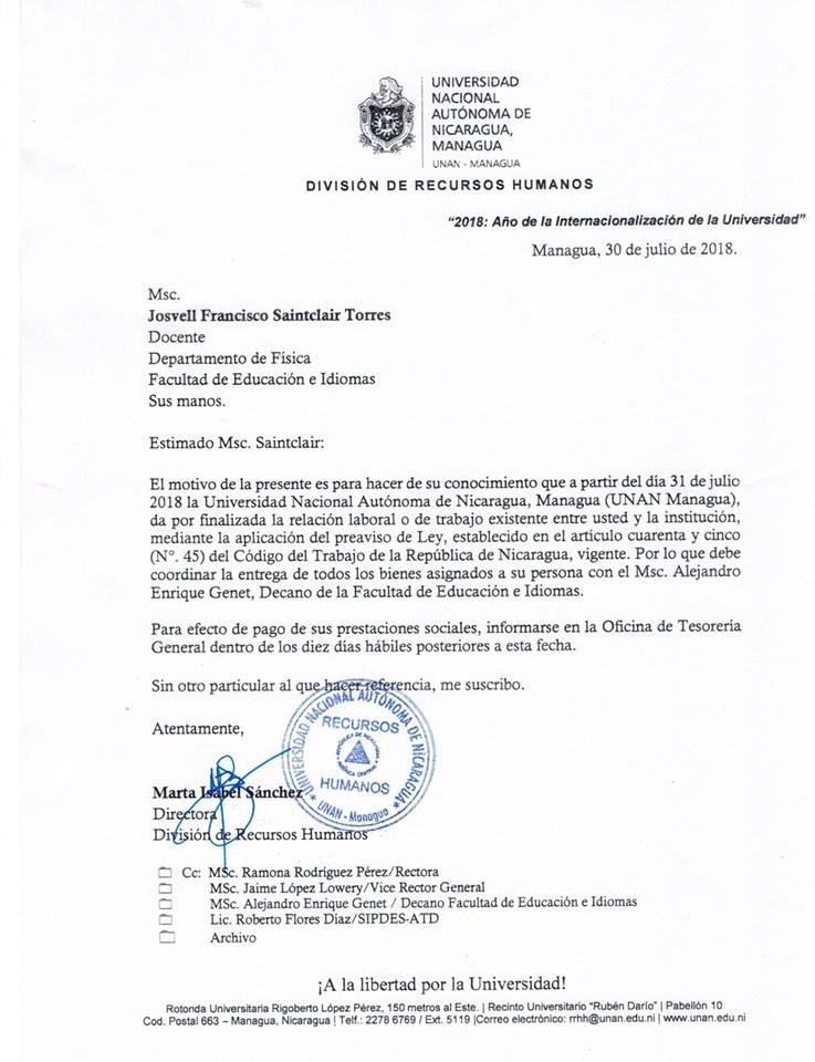 Carta De Despido En Nicaragua Soalan D