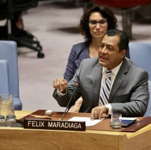 Félix Maradiaga durante su intervención en el seno del Consejo de Seguridad de las Naciones Unidas, donde denunció las violaciones de derechos humanos por parte de la dictadura de Ortega.