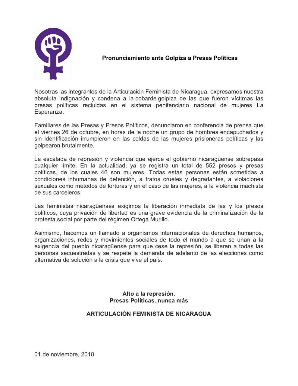 Pronunciamiento de la Articulación Feminista de Nicaragua