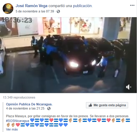 El profesor Vega Bolaños compartió un video donde se ve a la policía orteguista atacando y encarcelando a pobladores. Ese tipo de compartidas de noticias motivaron su encarcelamiento. Foto: Captura de Facebook.