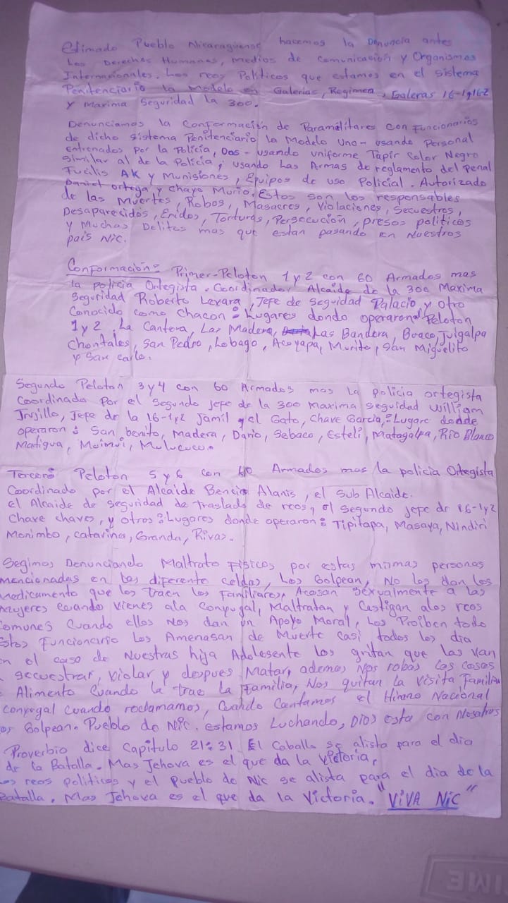 Manuscrito enviado por los presos políticos en el que denuncian maltrato y conformación de grupos paramilitares en el penal