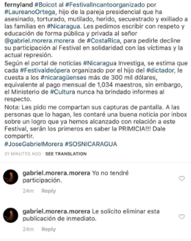 José Gabriel Morera, confirma su no participación en el festival de Laureano Ortega Murillo.