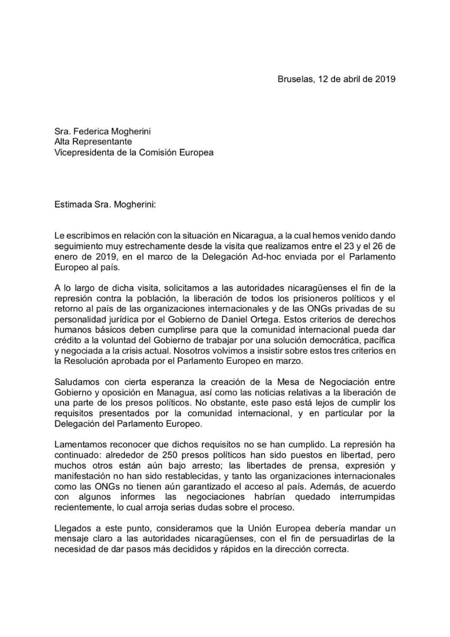 carta a la Alta Representante de la UE para Asuntos Exteriores