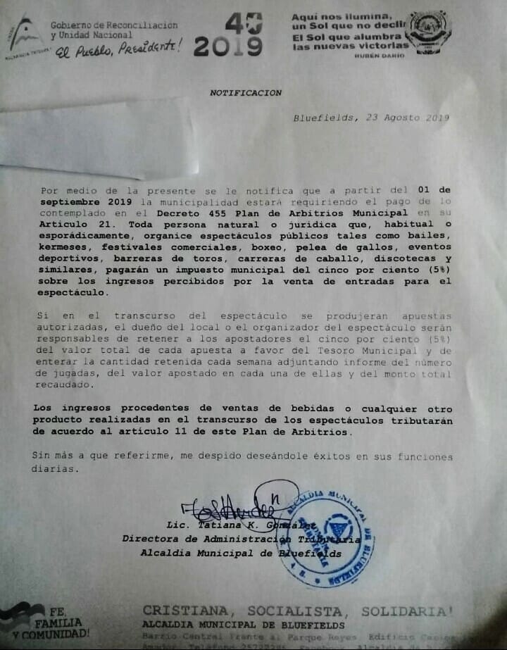 Carta de Notificación de la dirección de Administración Tributaria. Foto: Cortesía