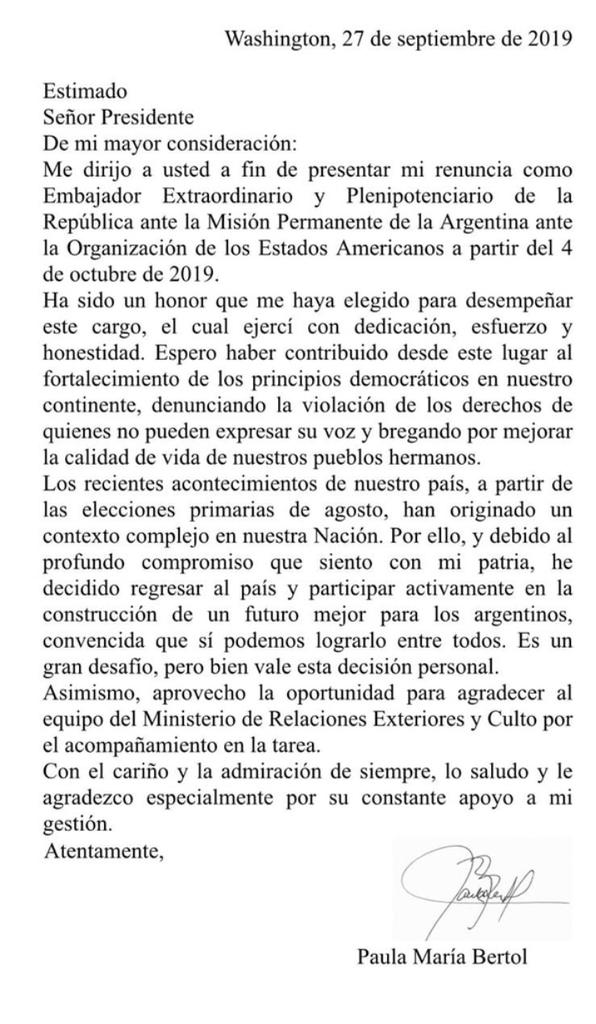 Carta de renuncia de Paula Bertol, embajadora de Argentina ante la OEA.