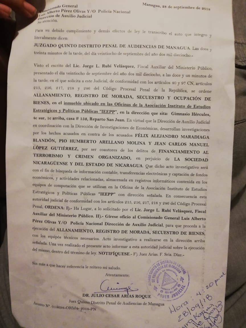 Orden de allanamiento en las oficinas del Instituto de Estudios Estratégicos y Políticas Públicas (IEEPP), girada por el juez Arias Roque