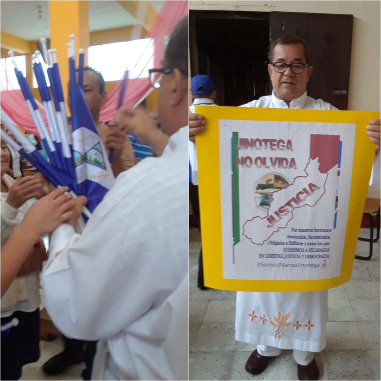 Momentos en el que el sacerdote entregaba las banderas de Nicaragua que fueron alzadas en la procesión del 1 de enero. Fotos: Artículo 66