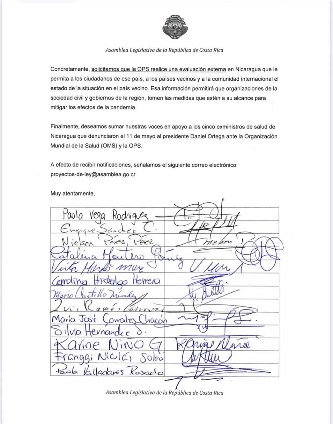 Carta enviada por diputados costarricenses a la directora de la OPS, Carissa Etienne