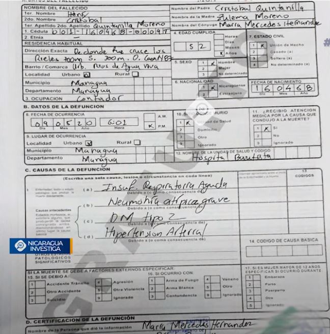 Acta de Defunción del trabajador de la UNAN que, según su familia, falleció por COVID-19, aunque el documento dice otra cosa: Foto: Tomada de Nicaragua Investiga.
