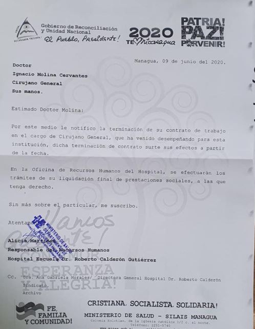 Carta de despido del cirujano general Ignacio Molina. Foto: Cortesía / Artículo 66