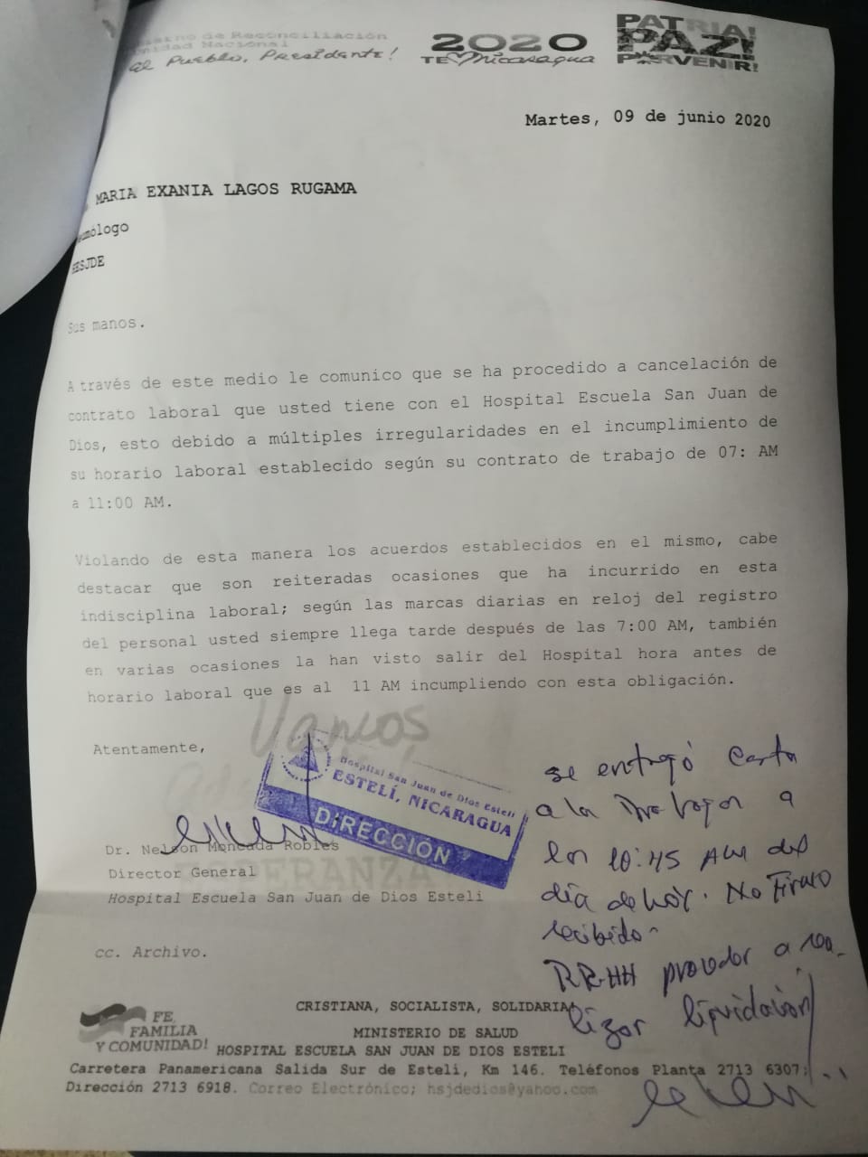 Foto de la carta de despido que Marlon Moncada, director del Hospital San Juan de Dios de Estelí, le entregó a la doctora Lagos. Foto: Cortesía / Artículo 66