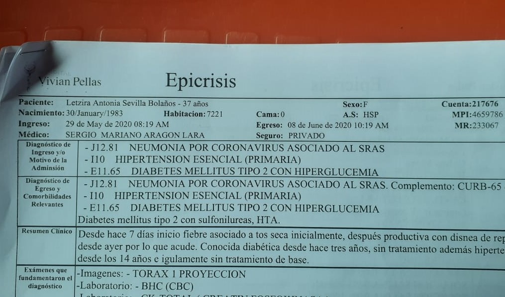 Epicrísis médica de Letzira Sevilla. Foto: Artículo 66 / Cortesía 