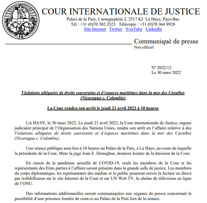 Corte Internacional de Justicia emitirá sentencia en caso de Nicaragua y Colombia 