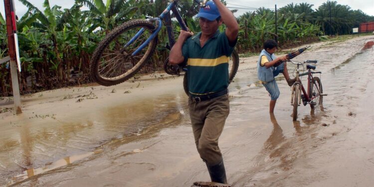 La alerta amarilla prevé evacuaciones preventivas en regiones con riesgo de deslizamientos, derrumbes, inundaciones o desbordamiento de río. En la imagen un registro de archivo de dos afectados por las lluvias en el municipio de Tocoa (Honduras). EFE