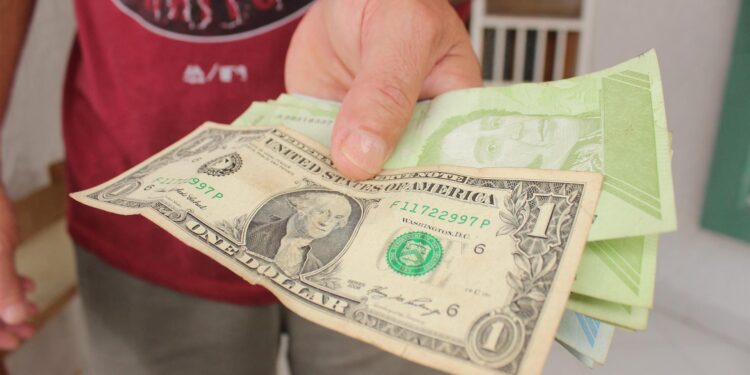 Fotografía de archivo en la que se registró la mano de un hombre que sostiene un billete de un dolar sobre varios de bolívares de distintas denominaciones, en San Cristóbal (Táchira, Venezuela). EFE/Johnny Parra