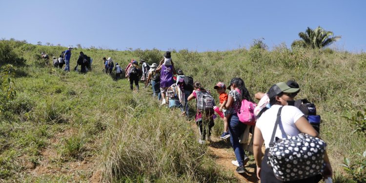 Migrantes transitan evitando puntos de control migratorio en el municipio de Omoa (Honduras), en una fotografía de archivo. EFE/ Gustavo Amador