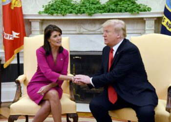 (FILES) In this file photo taken on October 09, 2018, US President Donald Trump shakes hands with US Ambassador to the UN, Nikki Haley, in the Oval office of the White House in Washington, DC. - Haley on February 1, 2023, previewed a "big announcement" she plans to make in two weeks, widely expected to be the launch of her 2024 US presidential run -- making her the first Republican to throw down the gauntlet to Donald Trump in the race for the White House.  "My family and I have a big announcement to share with you on February 15th! And yes, it's definitely going to be a Great Day in South Carolina!," she tweeted. (Photo by Olivier Douliery / AFP)