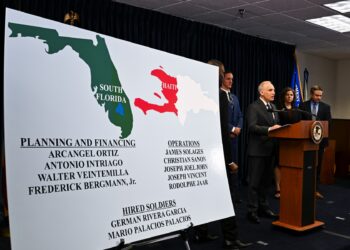 US Assistant Attorney General Matthew Olsen, of the Justice Departments National Security Division, speaks during a press conference at the US Attorney's Office for the Southern District of Florida in Miami, Florida on February 14, 2023. - The Southern District office announced new arrests and charges in the July 7, 2021, assassination of Haitian President Jovenel Moise. (Photo by CHANDAN KHANNA / AFP)