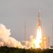 This photograph taken on April 14, 2023, shows Arianespace's Ariane 5 rocket lifting off from its launchpad, at the Guiana Space Center in Kourou, French Guiana. - The European Space Agency's JUICE mission to explore Jupiter's icy, ocean-bearing moons will again try to blast off on April 14, 2023, a day after the first launch attempt was called off due to the threat of lightning. (Photo by Jody AMIET / AFP)