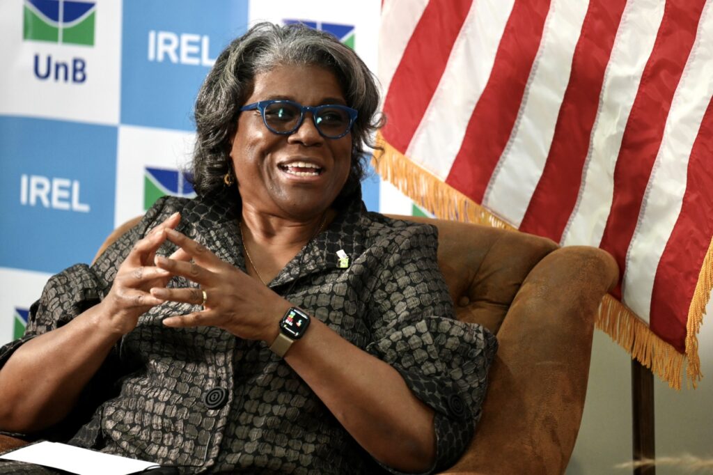 US Ambassador to the UN Linda Thomas-Greenfield speaks during the Shared Challenges, Shared Solutions fireside chat at the University of Brasilia on May 02, 2023. - Thomas-Greenfield is on a 3-days visit to Brazil. (Photo by EVARISTO SA / AFP)