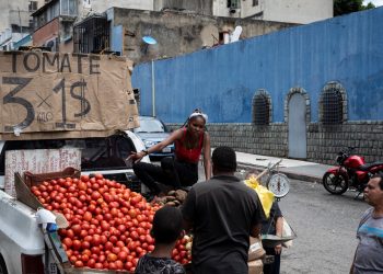 Una mujer vende tomates en un puesto improvisado en la parte trasera de su camioneta en una calle de Caracas el 31 de mayo de 2023. - Las ventas en Caracasa y la región central cayeron 21% durante los primeros cinco meses en comparación con 2022. En el este de la país, que concentra destinos turísticos, la contracción fue de 44%; mientras que en el oeste, centro industrial y agrícola, la caída fue del 34%. (Foto de Yuri CORTEZ / AFP)