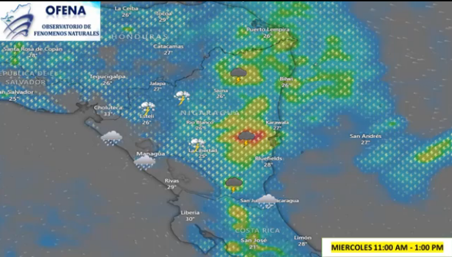 Imágenes del satélite registrando el comportamiento de las lluvias en la zona del Caribe de Nicaragua.
