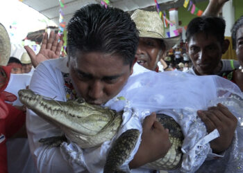 Victor Hugo Sosa, Mayor of San Pedro Huamelula, kisses a spectacled caiman (Caiman crocodilus) called "La Niña Princesa" ("The Princess Girl") before marrying her in San Pedro Huamelula, Oaxaca state, Mexico on June 30, 2023. - This ancient ritual of more than 230 years unites two ethnic groups in marriage to bring prosperity and peace. The spectacled caiman (Caiman crocodilus) is paraded around the community before being dressed as a bride and marrying the Mayor. According to beliefs, this union between the human and the divine will bring blessings such as a good harvest and abundant fishing. (Photo by RUSVEL RASGADO / AFP)