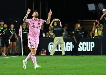 Inter Miami's Argentine forward Lionel Messi celebrates after defeating Liga MX's Cruz Azul in their Leagues Cup Group J football match at DRV PNK Stadium in Fort Lauderdale, Florida, on July 21, 2023. (Photo by Chandan KHANNA / AFP)