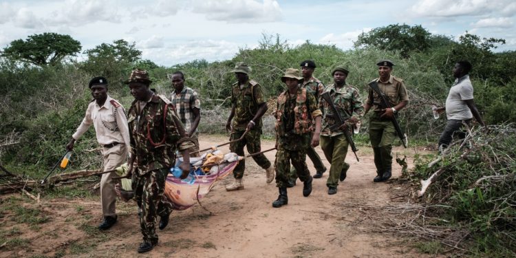 El personal de seguridad lleva a un joven rescatado del bosque en Shakahola, en las afueras de la ciudad costera de Malindi, el 23 de abril de 2023. - El número de muertos en una investigación vinculada a un culto keniano que practicaba la inanición para "conocer a Jesucristo" ha superado los 400 después de que se encontraron 12 nuevos cuerpos el 17 de julio de 2023, dijo un alto funcionario. (Foto de Yasuyoshi CHIBA / AFP)