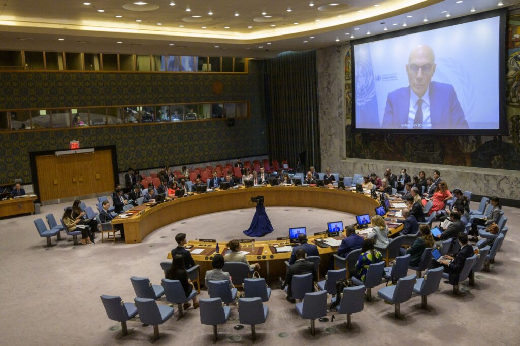 El Alto Comisionado de las Naciones Unidas para los Derechos Humanos, Volker Turk (en la pantalla), habla durante una reuni&oacute;n del Consejo de Seguridad de la ONU para discutir la situaci&oacute;n en Corea del Norte, en la sede de la ONU en Nueva York el 17 de agosto de 2023. (Foto de ANGELA WEISS / AFP)