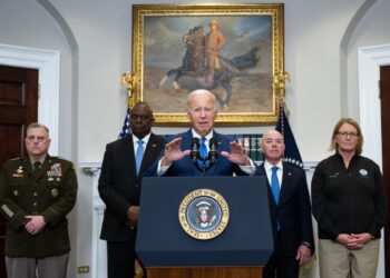 (L-R) Chairman of the Joint Chiefs of Staff General Mark Milley, US Defense Secretary Lloyd Austin, US Homeland Security Secretary Alejandro Mayorkas, and FEMA Administrator Deanne Criswell look on as US President Joe Biden speaks about the government response and recovery efforts in Maui, Hawaii, and the ongoing response on Hurricane Idalia, in the Roosevelt Room of the White House in Washington, DC, on August 30, 2023. (Photo by SAUL LOEB / AFP)
