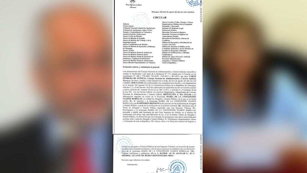 Dictadura suspende como abogada a la jueza María Concepción Ugarte, exiliada en EE.UU.