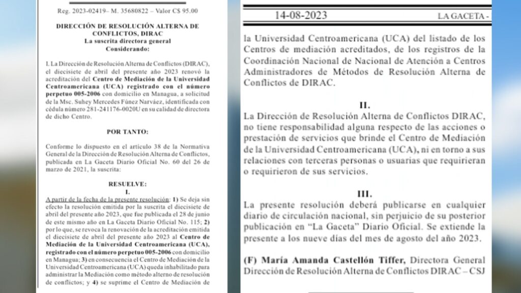 Dictadura revoca acreditación al Centro de Medicación de la UCA . Foto: Captura de pantalla, La Gaceta 