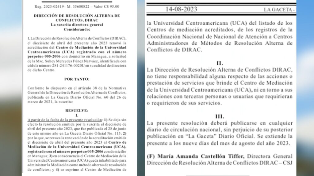 Dictadura revoca acreditaci&oacute;n al Centro de Medicaci&oacute;n de la UCA . Foto: Captura de pantalla, La Gaceta 