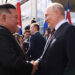 In this pool photo distributed by Sputnik agency, Russia's President Vladimir Putin (R) shakes hands with North Korea's leader Kim Jong Un (L) during their meeting at the Vostochny Cosmodrome in Amur region on September 13, 2023. - Russian President Vladimir Putin and North Korean leader Kim Jong Un both arrived at the Vostochny Cosmodrome in Russia's Far East, Russian news agencies reported on September 13, ahead of planned talks that could lead to a weapons deal. (Photo by Mikhail METZEL / POOL / AFP)