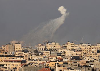 A rocket fired by Israel explodes over Gaza City on October 10, 2023. - Israel said it recaptured Gaza border areas from Hamas as the war's death toll passed 3,000 on October 10, the fourth day of gruelling fighting since the Islamists launched a surprise attack. (Photo by MAHMUD HAMS / AFP)