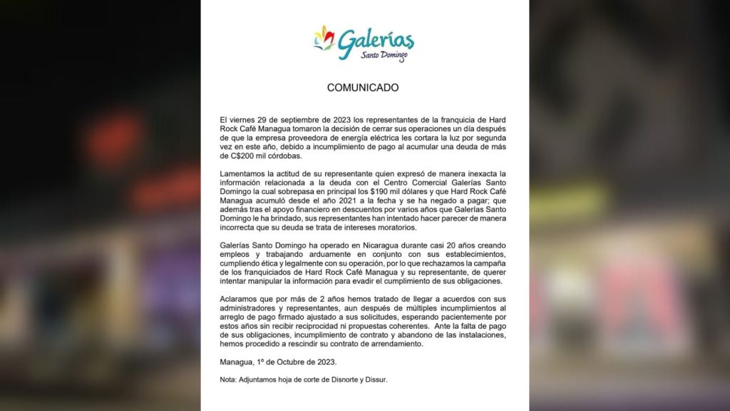 Hard Rock Café cierra operaciones por deuda por de energía eléctrica y conflictos con Galerías Santo Domingo