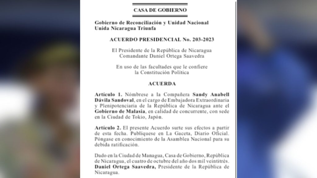 Daniel Ortega le otorga la embajada de Nicaragua en Malasia a Sandy Dávila 