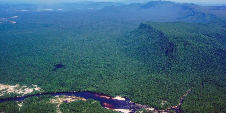 Vista aérea del río Potaro que atraviesa el Parque Nacional Kaieteur, que se encuentra en una sección de la selva amazónica en la región Potaro-Siparuni de Guyana, tomada el 24 de septiembre de 2022. A pesar de la disputa con Guyana, la región de Esequibo es un destino de migración desde Venezuela. Guyana defiende un límite establecido en 1899 por un tribunal de arbitraje de París, mientras Venezuela reclama el Acuerdo de Ginebra, firmado en 1966 con el Reino Unido antes de la independencia guyanesa, que sentó las bases para una solución negociada e ignoraba el tratado anterior. Pero el gobierno guyanés impulsa un proceso en la Corte Internacional de Justicia (CIJ) para ratificar las fronteras actuales y poner fin a la disputa. (Foto de Patrick FORT / AFP)