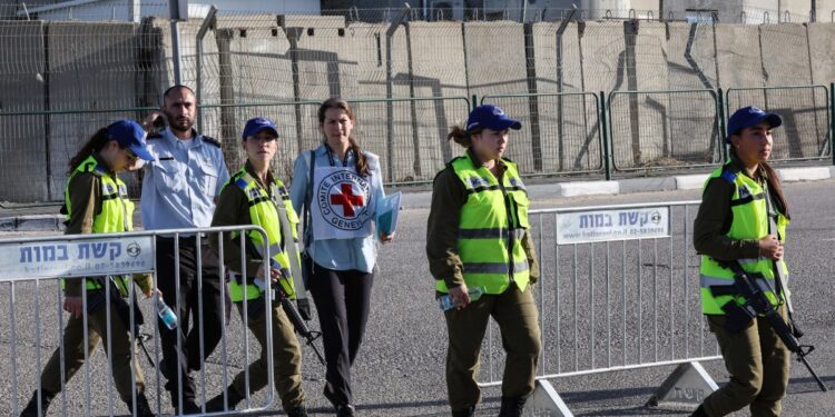 Fuerzas de seguridad israelíes y miembros de la Cruz Roja Internacional son vistos fuera del campamento militar de Ofer, cerca de la ciudad ocupada de Ramallah, en Cisjordania, después de transportar prisioneros palestinos desde tres cárceles israelíes, el 24 de noviembre de 2023. - Después de 48 días de disparos y bombardeos que se cobró miles de vidas, el 24 de noviembre comenzó una tregua de cuatro días en la guerra entre Israel y Hamas y se prevé la liberación de rehenes a cambio de prisioneros palestinos. (Foto de AHMAD GHARABLI / AFP)
