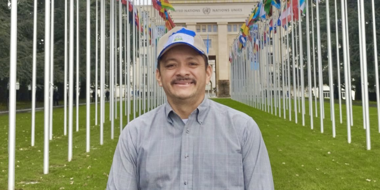 El activista político Medardo Mairena en la Sede de la ONU en Ginebra, una de las cuatro oficinas principales del organismo. Foto: Medardo Mairena | Vía X