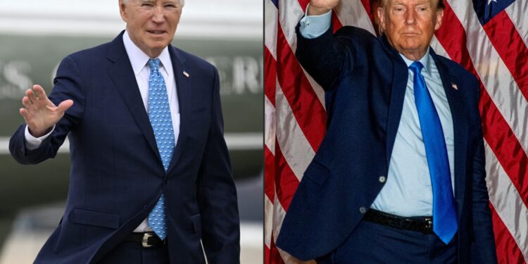 This combination of pictures created on March 06, 2024 shows US President Joe Biden in Maryland, on January 30, 2024 and former US president and 2024 presidential candidate Donald Trump in Claremont, New Hampshire, on November 11, 2023. Donald Trump marched March 6, 2024 towards a bitter rematch against President Joe Biden in November as his final Republican rival Nikki Haley stood in the towel after a thumping defeat in the "Super Tuesday" primaries. (Photo by ANDREW CABALLERO-REYNOLDS and JOSEPH PREZIOSO / AFP)