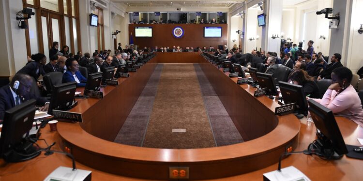 El Consejo Permanente de la Organización de los Estados Americanos (OEA) celebra una reunión para considerar la "Situación en Bolivia" en Washington, DC, el 12 de noviembre de 2019. (Foto de Olivier Douliery / AFP)