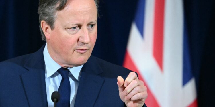 El secretario de Asuntos Exteriores británico, David Cameron, habla durante una conferencia de prensa conjunta con el secretario de Estado estadounidense, Antony Blinken, en el Departamento de Estado en Washington, DC, el 9 de abril de 2024. (Foto de Mandel NGAN / AFP)