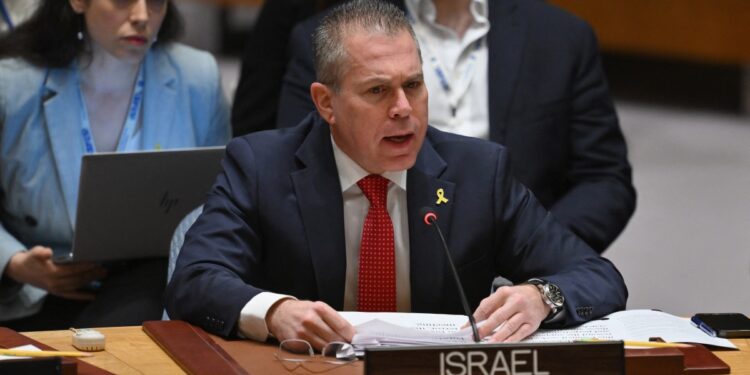 Israeli Ambassador to the UN Gilad Erdan speaks during a United Nations Security Council meeting on the situation in the Middle East, including the Palestinian question, at UN headquarters in New York City on April 18, 2024. - UN Secretary-General Antonio Guterres on Thursday painted a dark picture of the situation in the Middle East, warning that spiraling tensions over the war in Gaza and Iran's attack on Israel could devolve into a "full-scale regional conflict." (Photo by ANGELA WEISS / AFP)