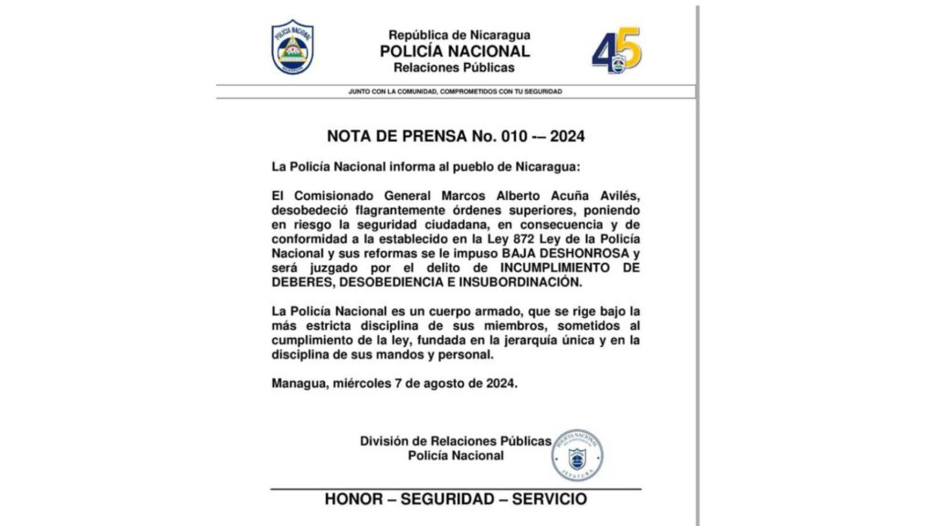 Policía Nacional Nicaragua Comisionado General Marcos Acuña